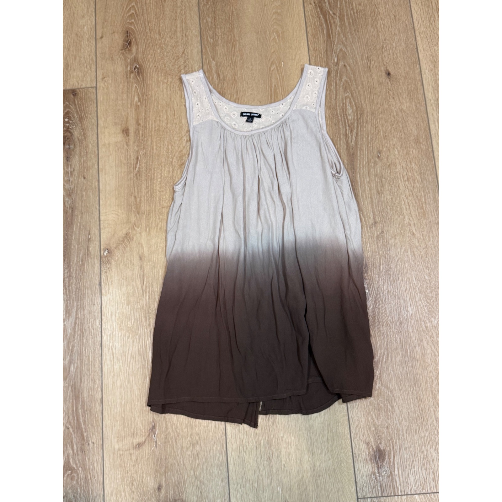 Dear John Ombre Dip Dye Tank Top Brown Beige Eyelet Lace Split Back Womens Small